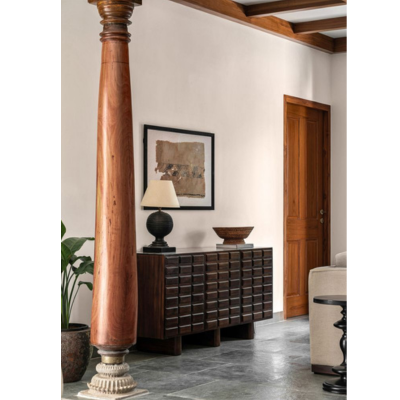 Round teak wood pillar with decorative carvings for Indian homes