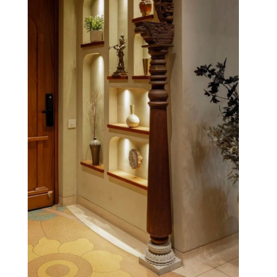 Round teak wood pillar with decorative carvings for Indian homes